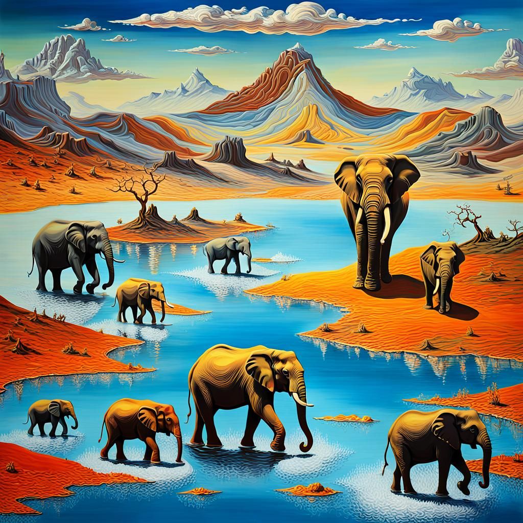 Surreal Elephant Herd in Wilderness, Dali-esque Style