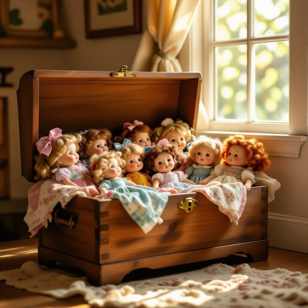 Worn Toy Chest Overflowing with Dolls, Golden Hour Light
