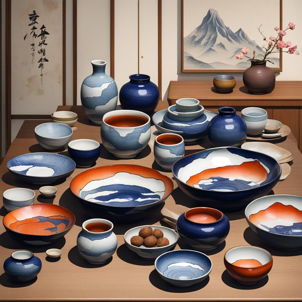 Wabi-sabi pottery dishes, cracked, irregular, uneven,
