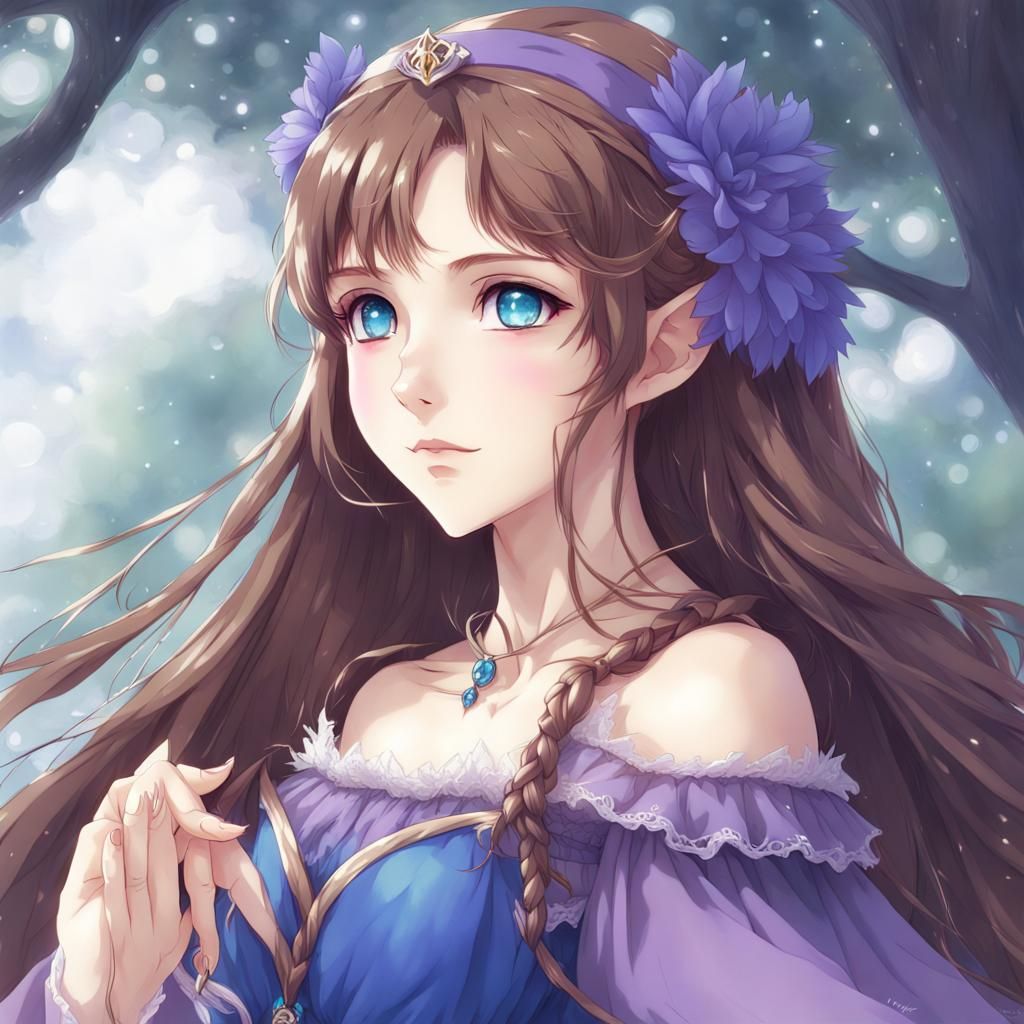 Elf princess brown hair bright blue eyes purple renaissance ...