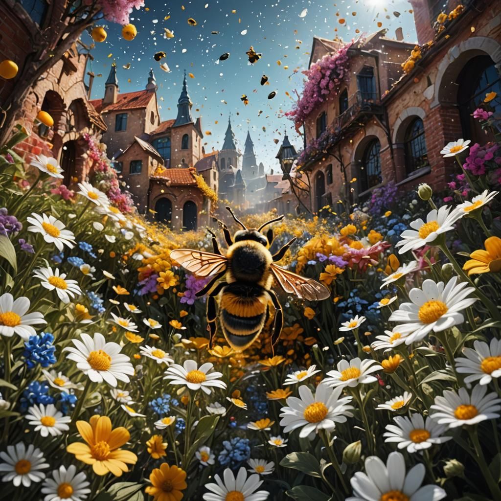 /imagine prompt: Cgi looking from the bee eye surrounded by sprinkle flakes surrounded frozen flowers:: ...  by @Unicorn