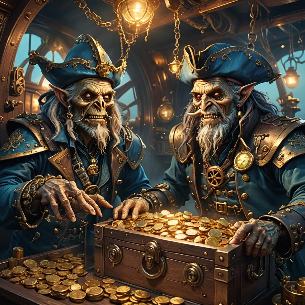 Two greedy Goblin Ghost pirates aboard their ship open a chest containing (glowing gold coins.) Hyperrealistic, splash art, concept art, mid...