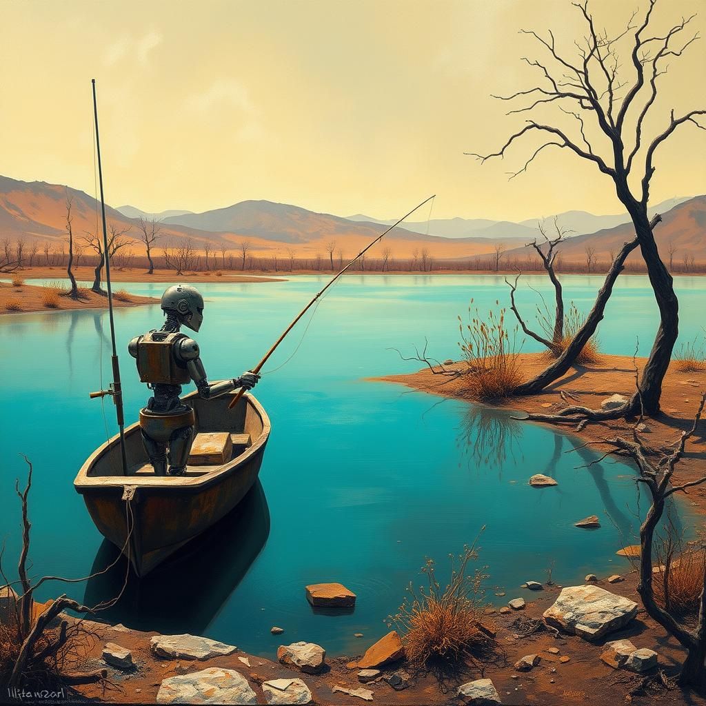 an oil painting of a robot fisherman in the middle distance, sitting on a row boat on a beautiful lake. ...  by @Crash Test Drama