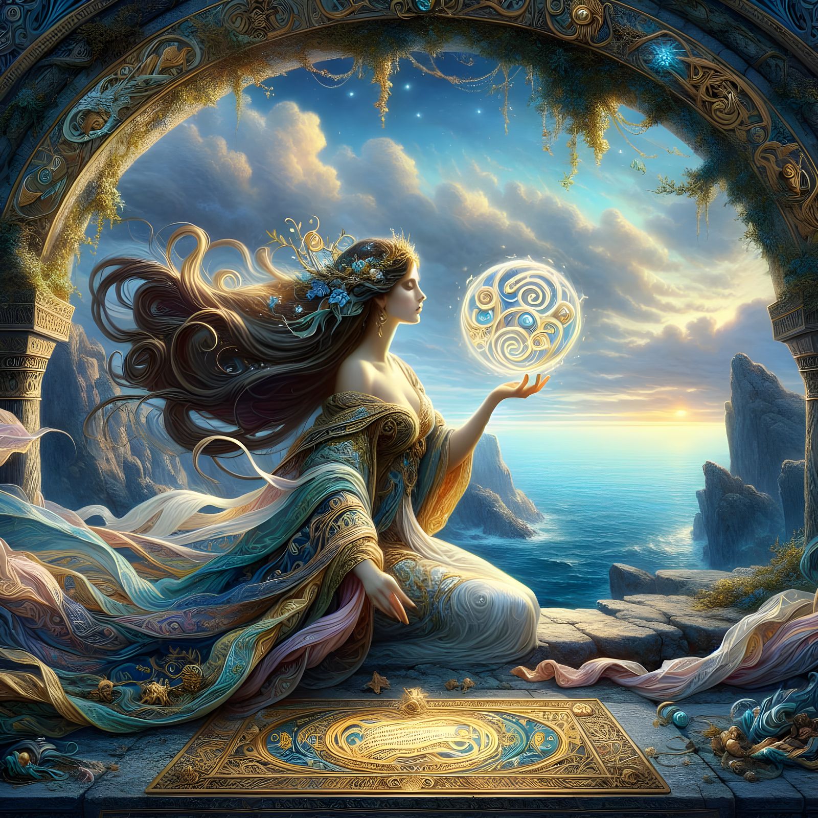 An ancient oracle with an ethereal beauty reminiscent of greek muses, using the soft and dreamlike quality ...  by @JestersKeep