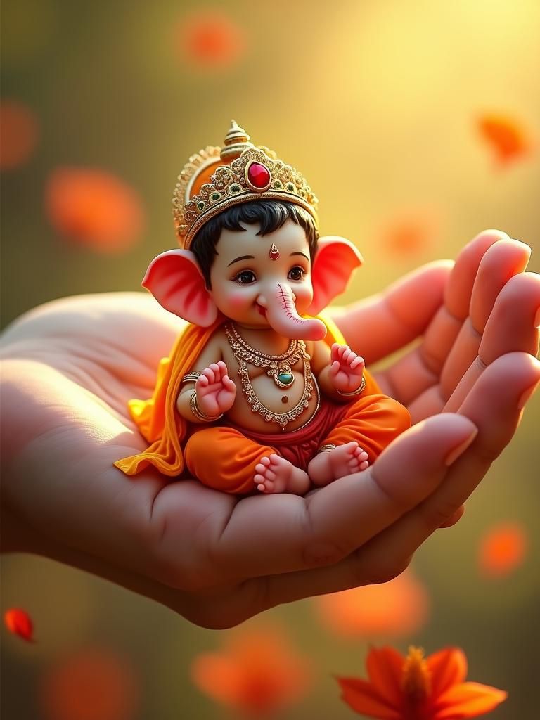 A tiny cute baby Ganesha God smiling, sitting in the palm of a human hand, intricate details, divine atmosphere, surrounded by flowers and s...