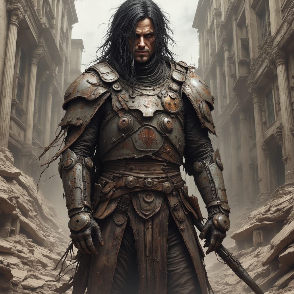 High quality p <lora:Macabro:1,0> Detailed photo of a war torn veteran standing in front of the ruins of an abandoned building, gritty, hype...