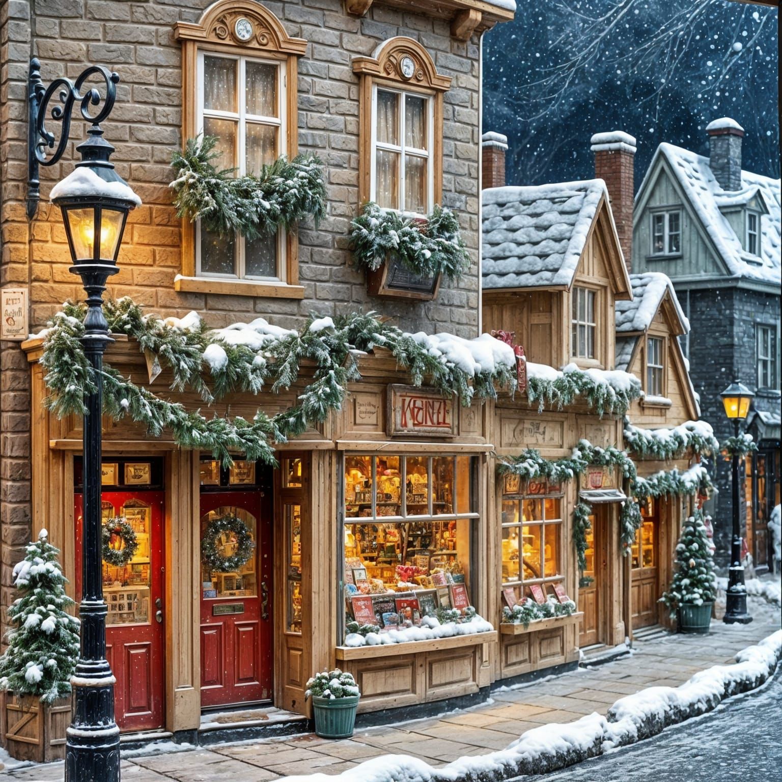 A whimsical mixed media winter village scene of a traditional corner shop. Garland hanging on the street ...  by @Oma