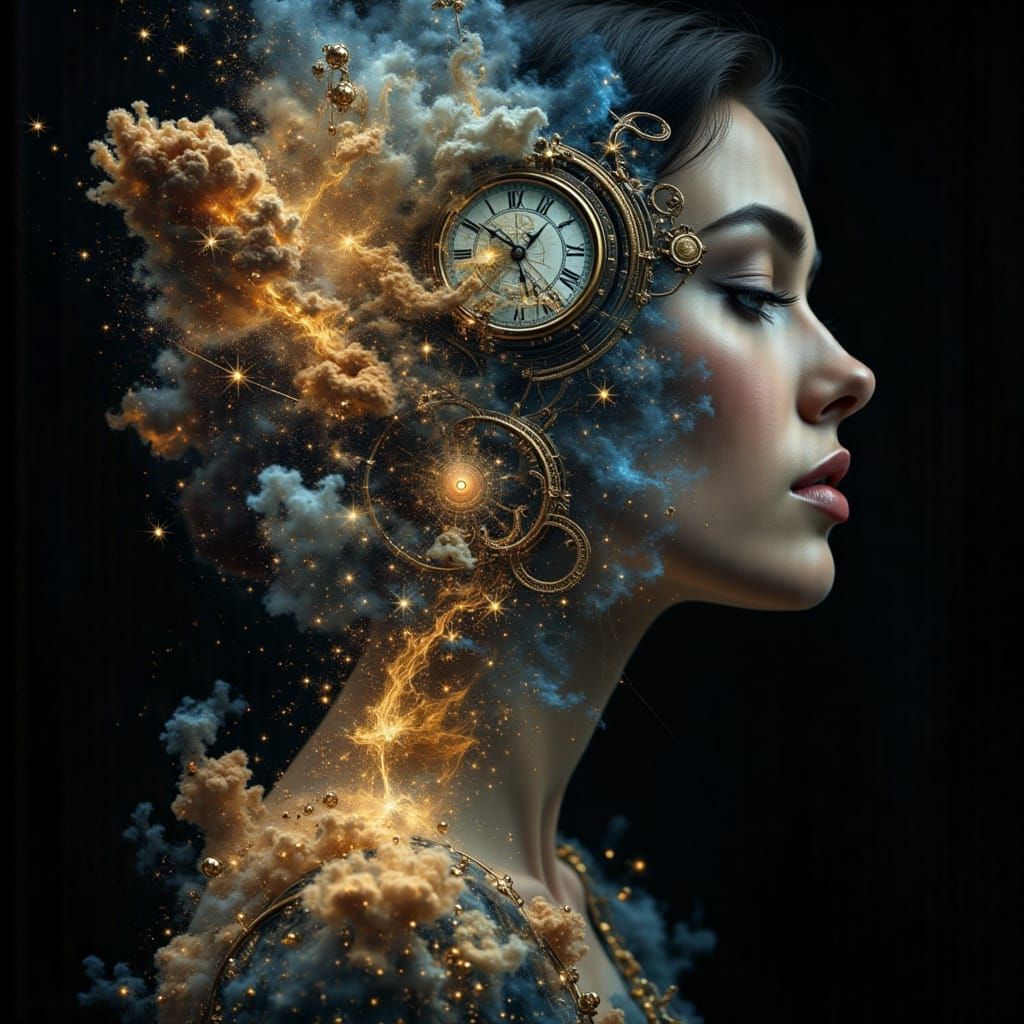 Surreal Double Exposure Portrait with Galaxies and Clockwork