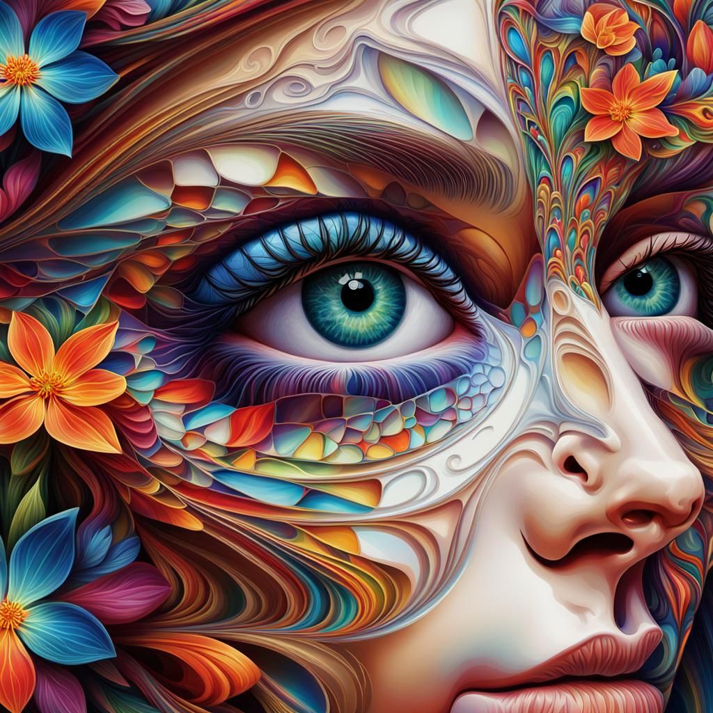 Closeup abstract portrait of a woman's face, mesmerizing kaleidoscope ...