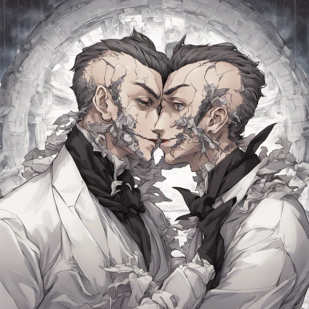 Portrait of conjoined twin men kissing