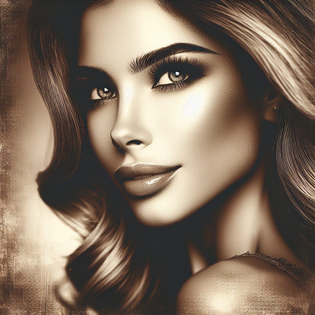 A beautifully weathered vintage photograph captures the essence of a stunning young lady. Her graceful features are highlighted by the sepia...