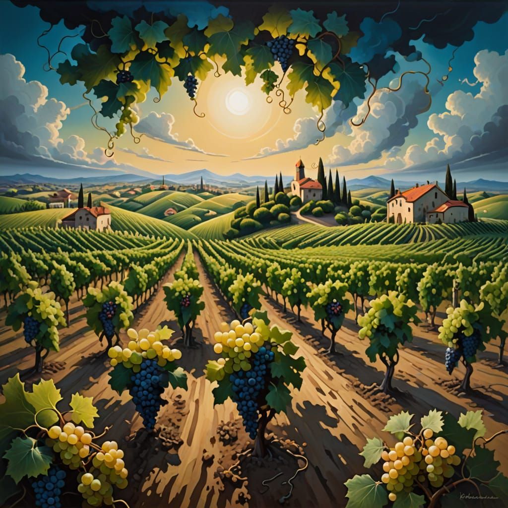 A surrealist painting of a vineyard where the grapevines twist and turn into fantastical shapes, with ...  by @Golem