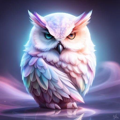 crystal owl" | fantasy iridescent | translucent | pastel | centered owl cute | 3D effect | chatoyant ...  by @Ju
