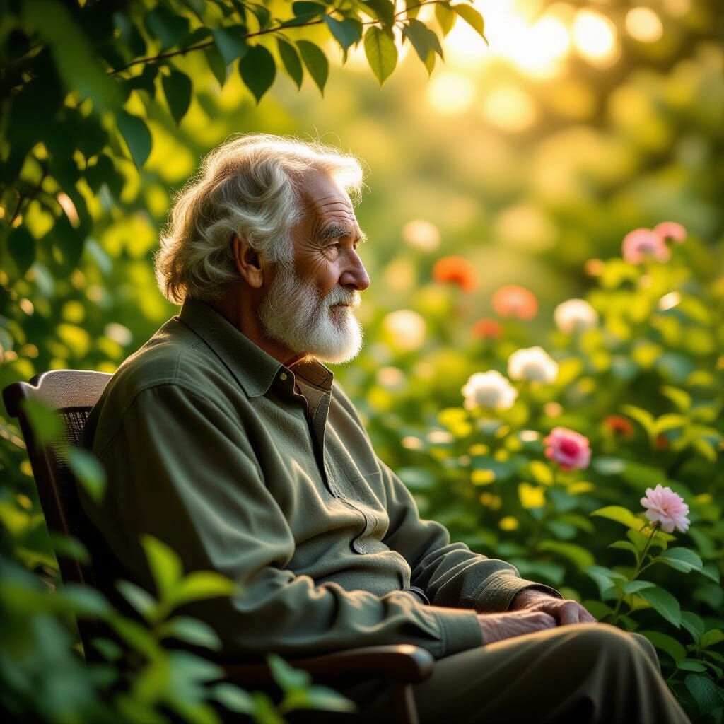 Ethereal Portrait of Old Man in Lush Garden