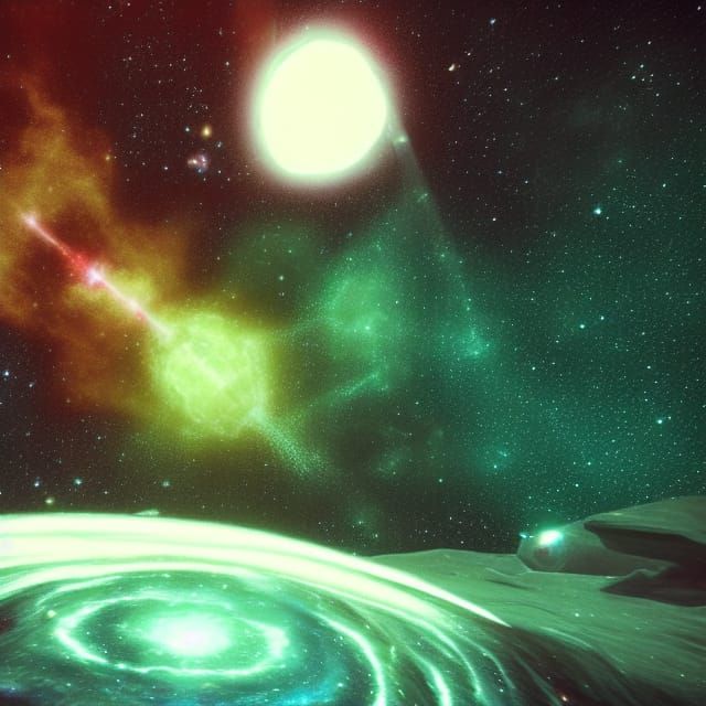 Planet in White Nebula with Emerald Lights