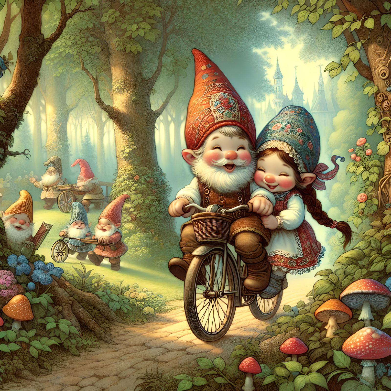 A cute gnome couple bicycling