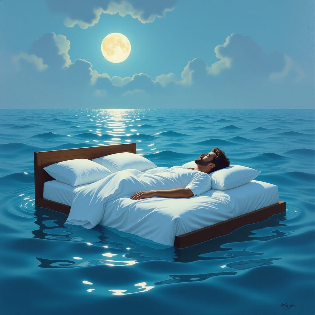 Surrealist Oil Painting of Man Sleeping on Floating Bed