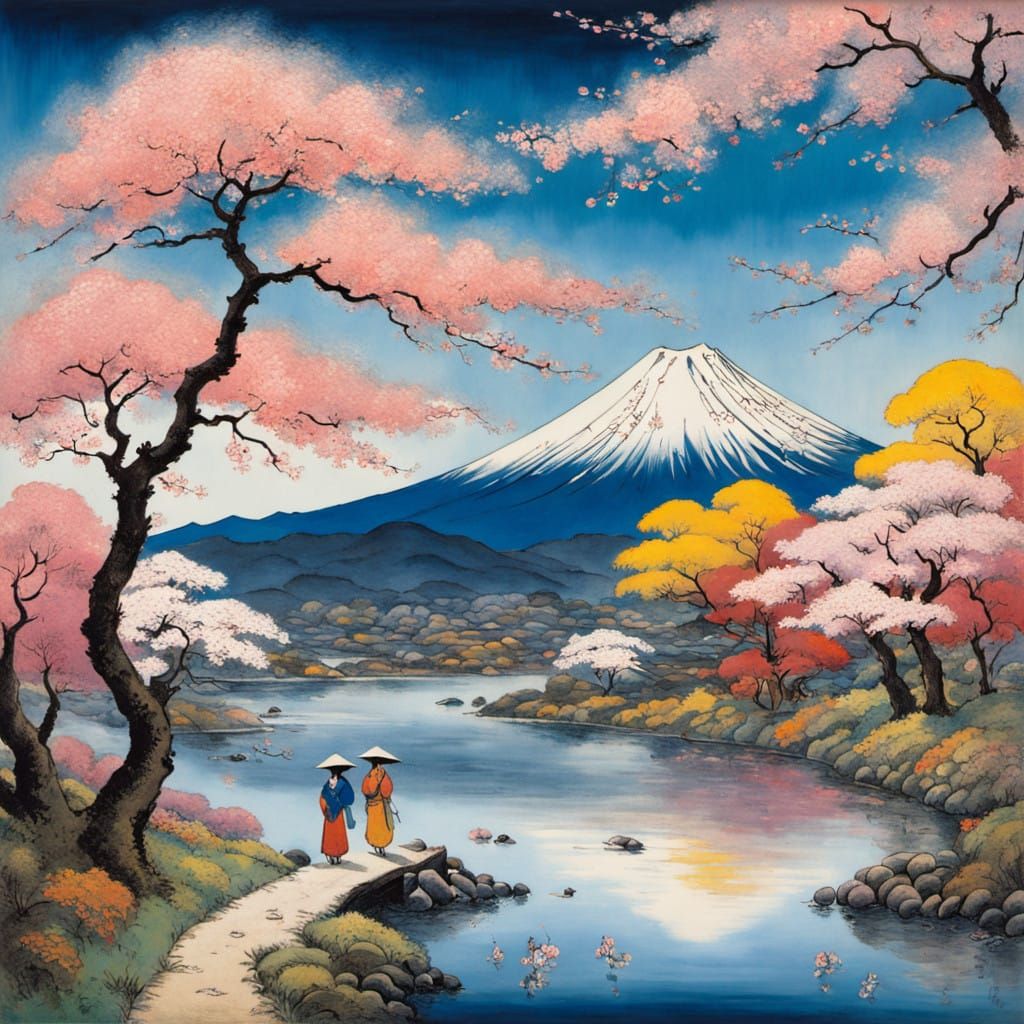 This picture shows vibrant cherry blossoms in full bloom against the serene backdrop of Mount Fuji, in ...  by @Vera