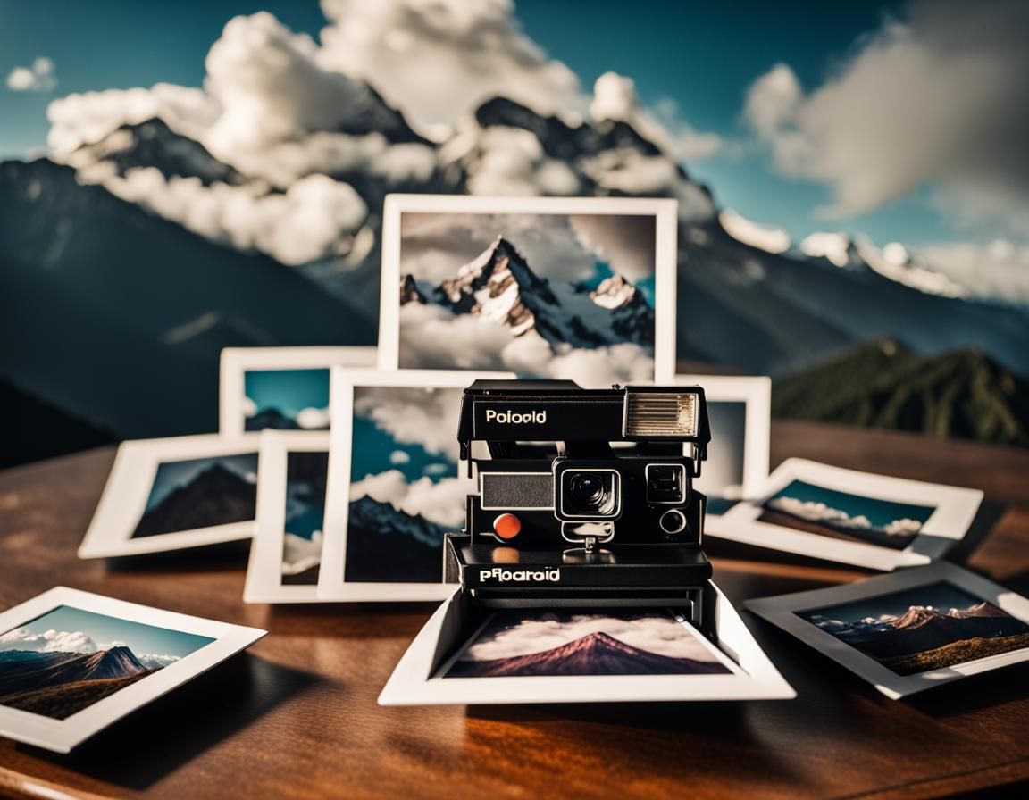 a Polaroid SX70 camera that is on a table with a photograph ...