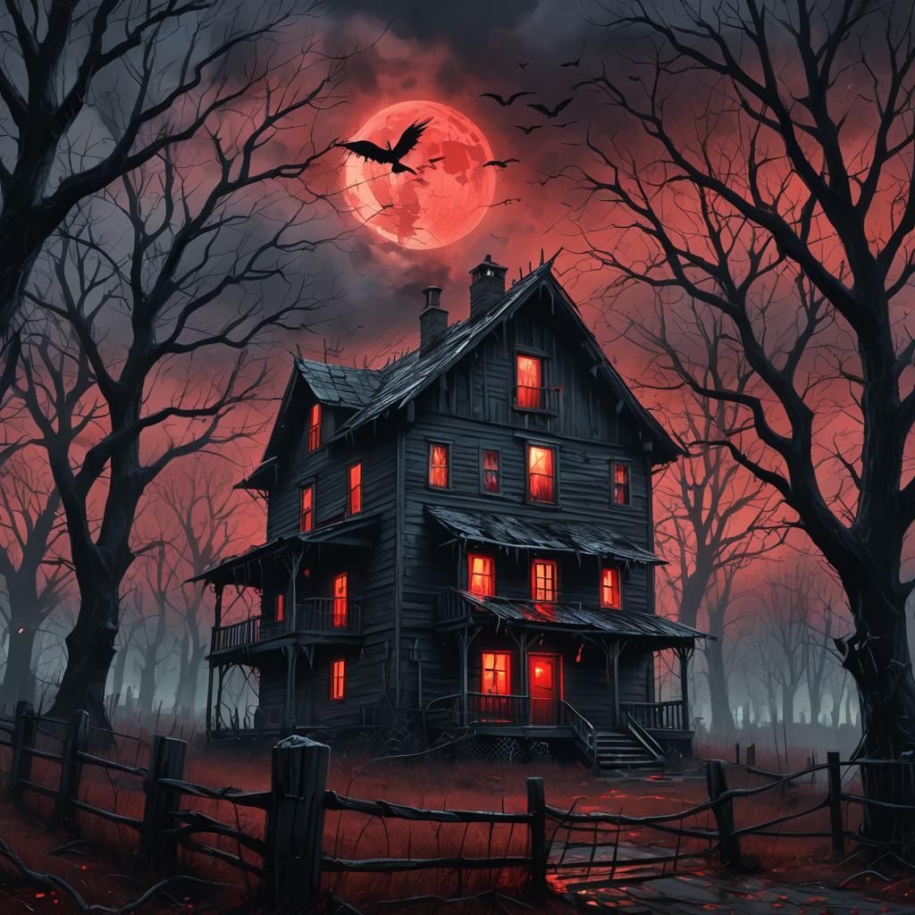creepy cabin in the woods with bats flying around in the night sky with a red moon, crows perched on ...  by @not for you