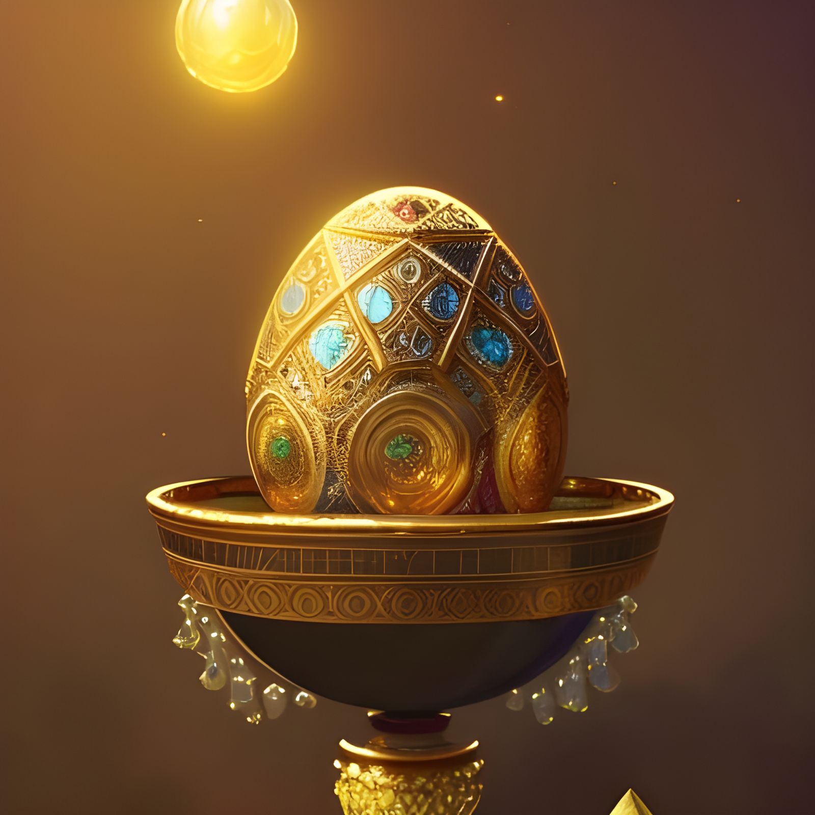 Decorated and bejeweled eggs sitting on a gold bowl, beautiful outside background, concept art by Greg ...  by @Balanth