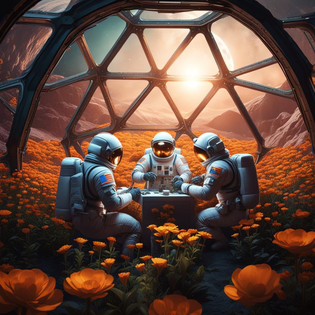 Three men in spacesuits tending to the flowers in a geodesic...
