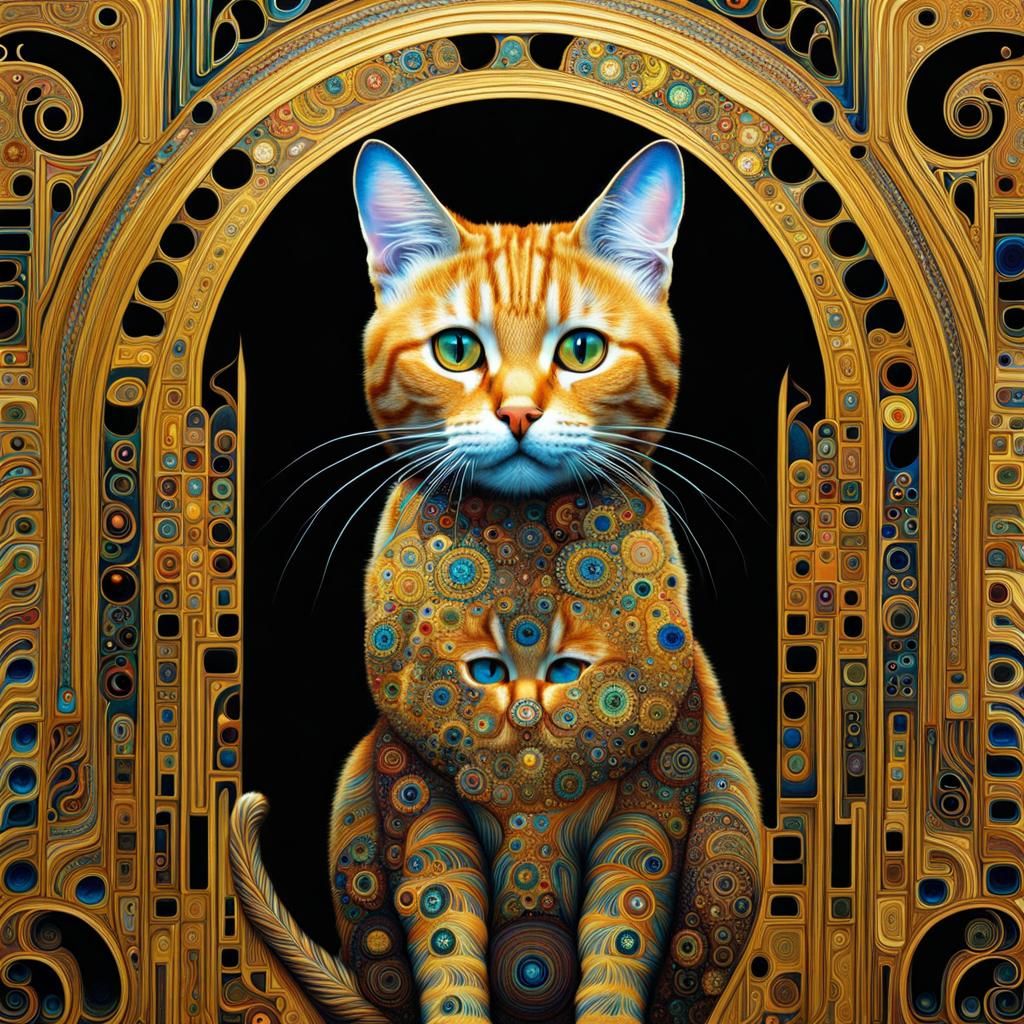 Hyperdetailed Klimtfractal cat,  optical illusion, Hans Guer...