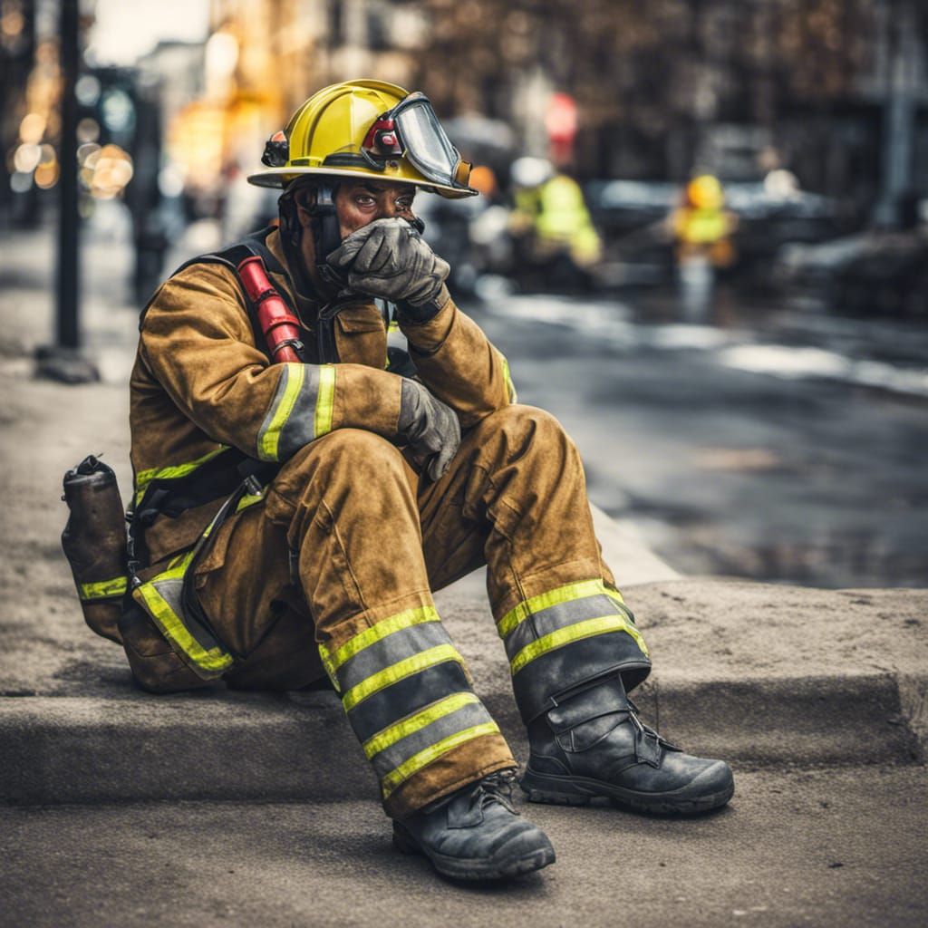 Close up HDR portrait of an exhausted firefighter sitting on a curb, holding his helmet  by @ArtByAj
