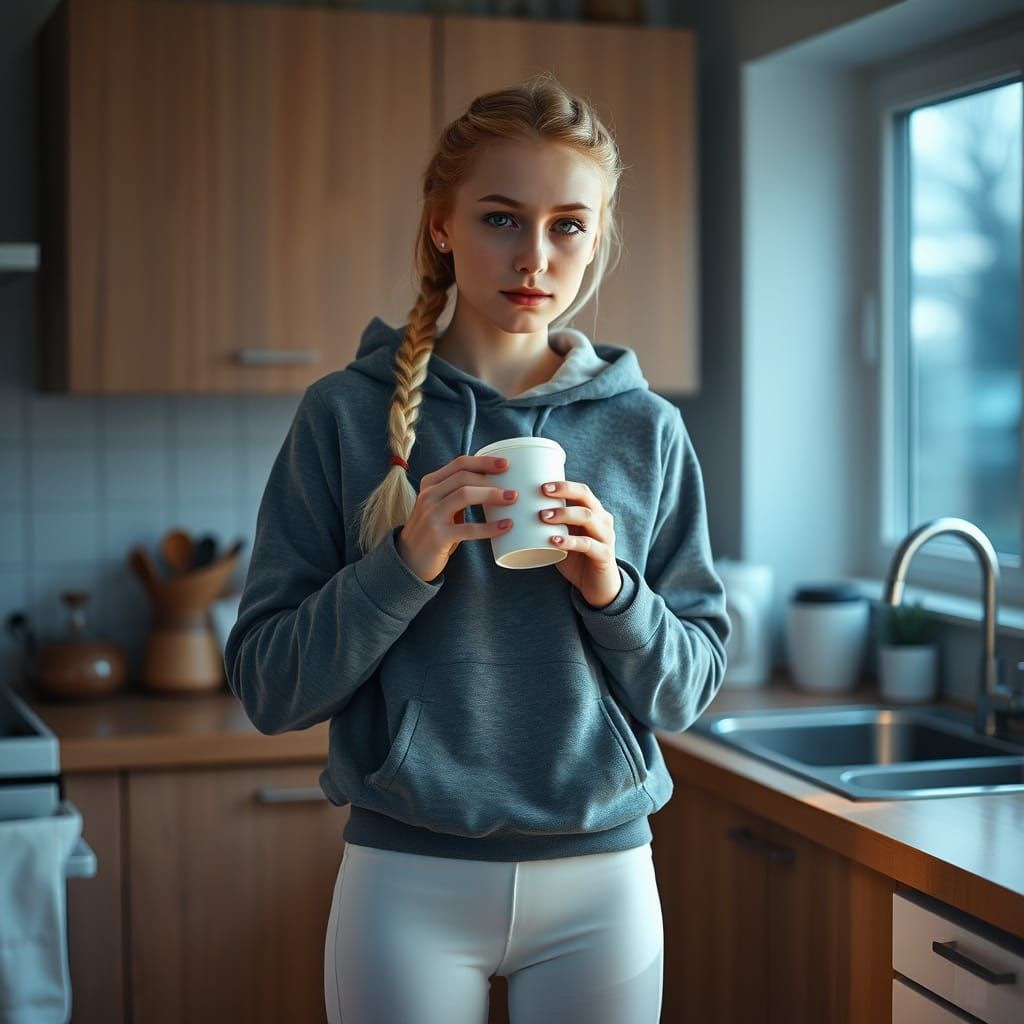 full body photo of a 21 year old Ginger young woman in a hoodie with cleavage, braided white hair and white tight leggings standing in the k...