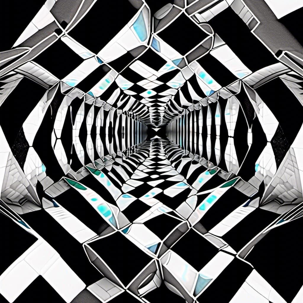 MC Escher cubes in Splash art black and white white triangle in a ominous dark sky+mirror lights receding to infinity selective colors iride...