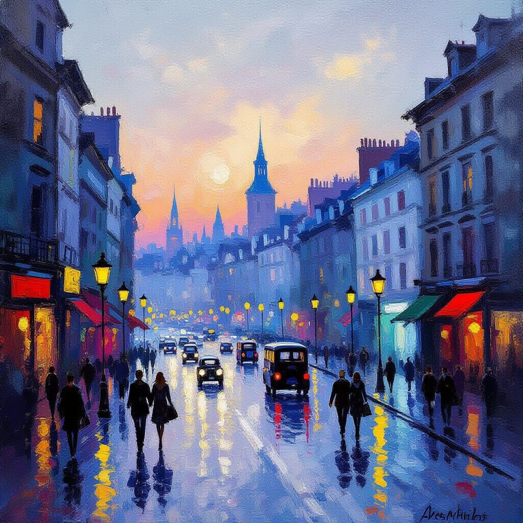 Impressionism. A bustling cityscape at twilight, with buildings rendered in broad, visible brushstrokes. Soft, diffused light emanates from ...