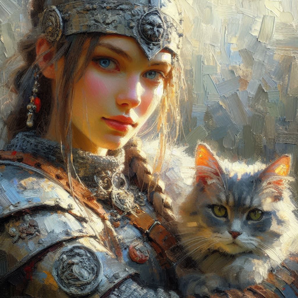 warrior woman with her cat.