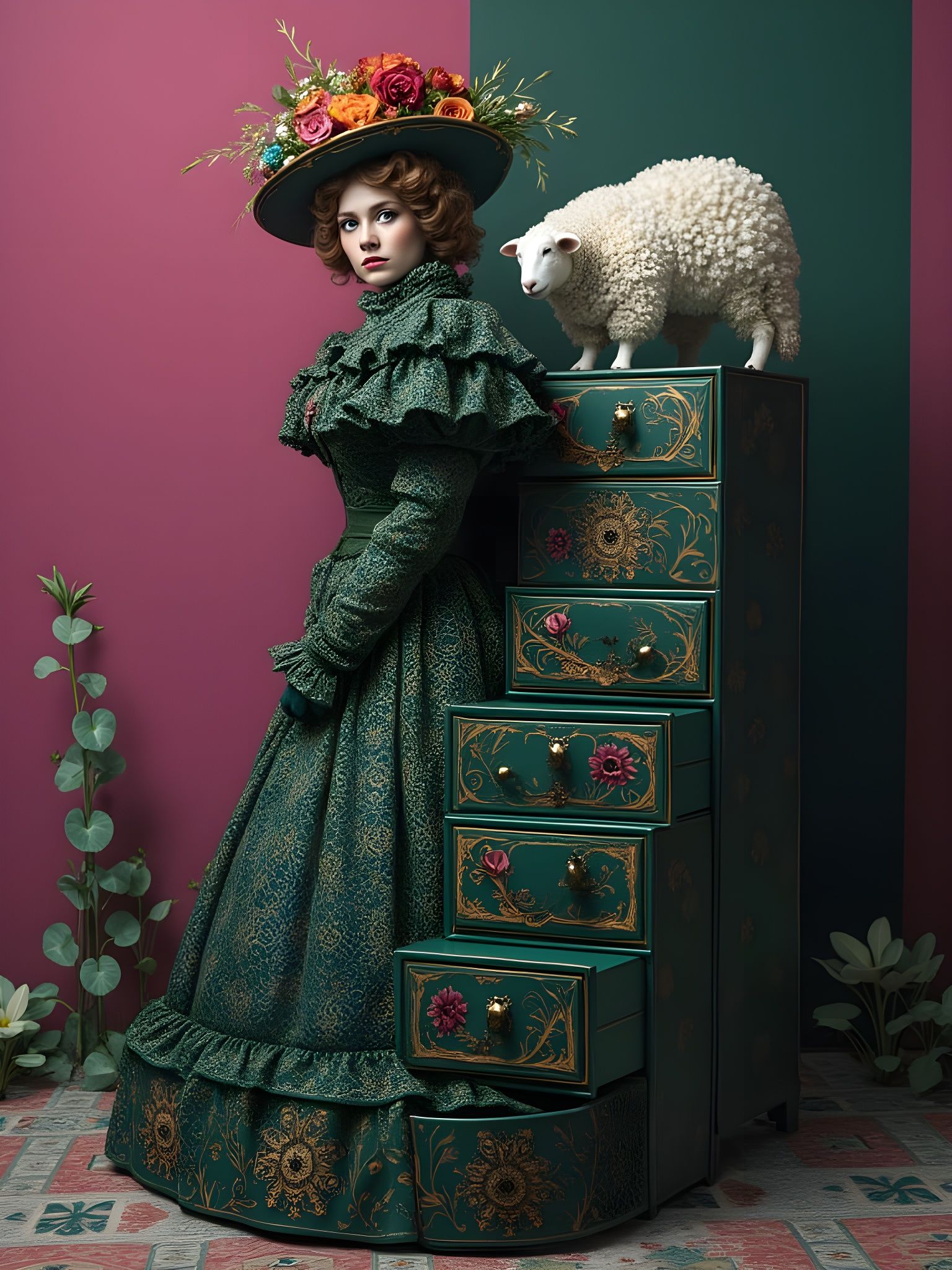 Surreal Ink Painting of Woman with Geometric Abstract Elemen...