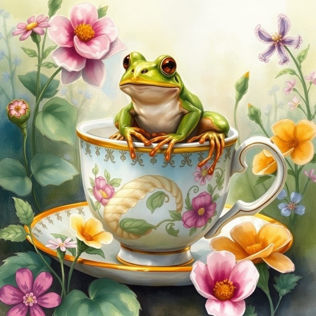 Frog fairy tale scene in a teacup colorful