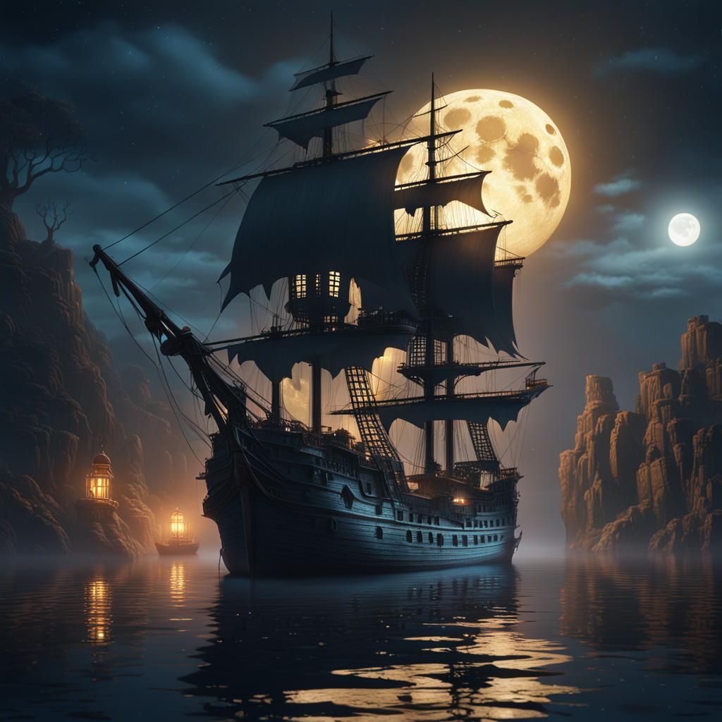 Ghost pirate ship passing in the night moon light reflection...
