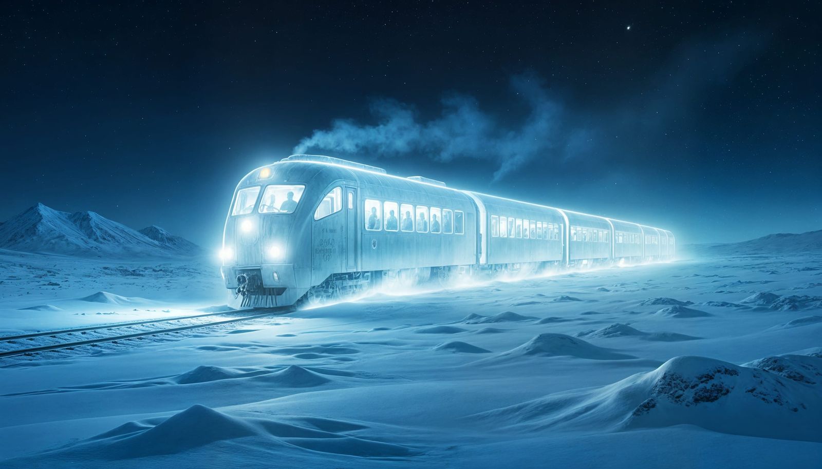 A ghost train, ethereal and translucent, glowing white, drifts through a desolate, snow-covered tundra ...  by @Virtue_Knight777