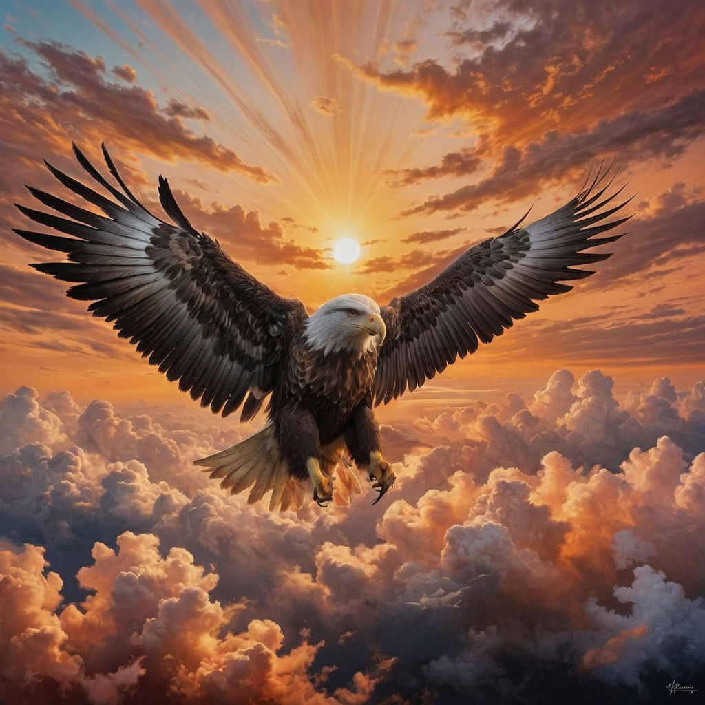 An eagle flying in a sunset sky  by @Tilted25