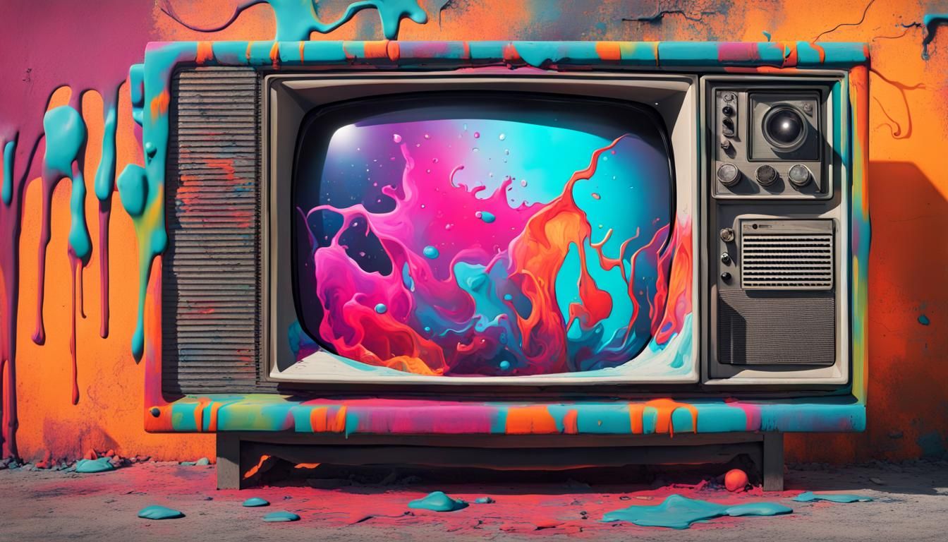 Old TV, displaying vibrant trippy colors with space behind i...