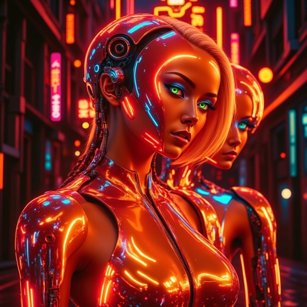 Cyberpunk City Alley with Futuristic Cyborgs