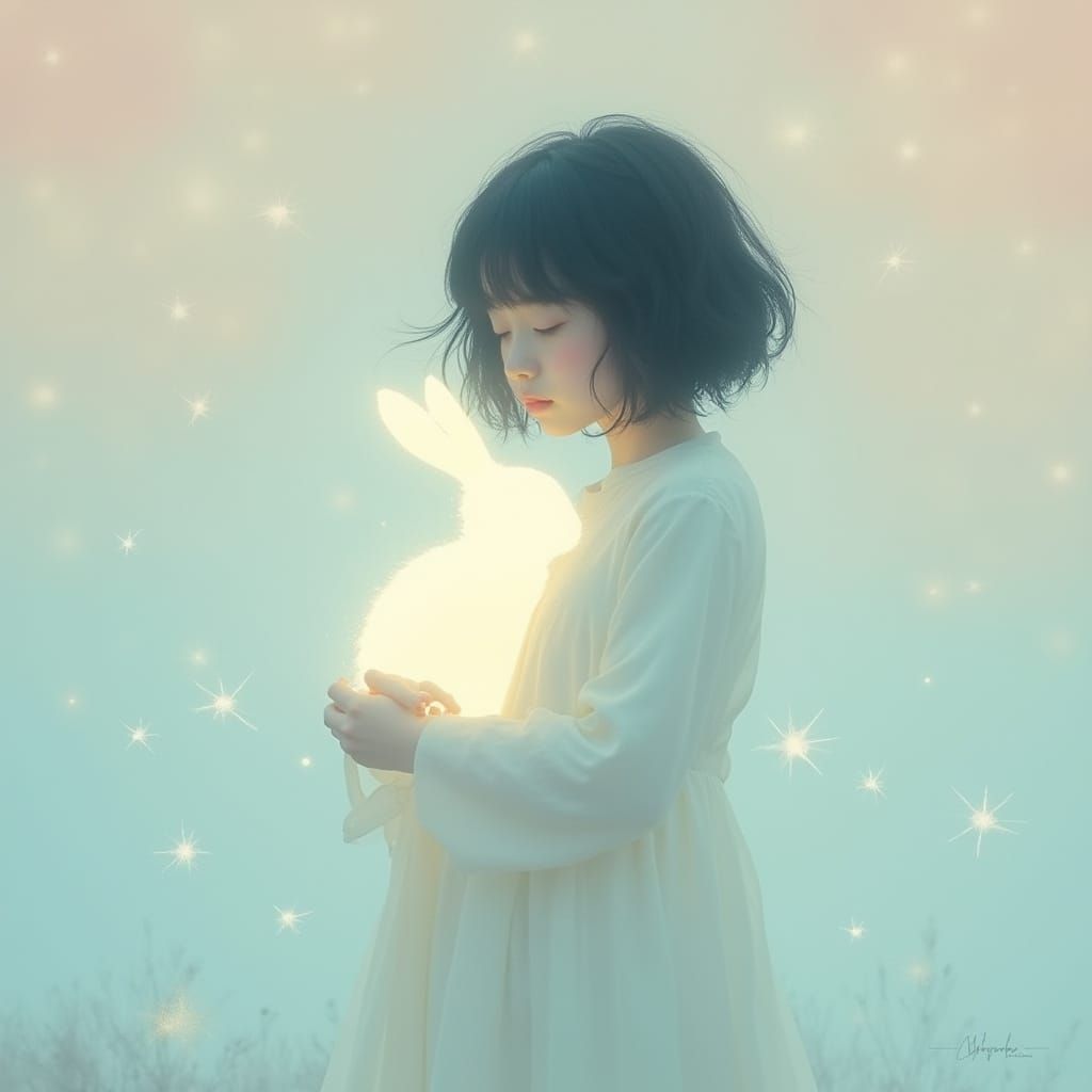 Dreamy Figure Holds Glowing White Rabbit in Ethereal Landsca...