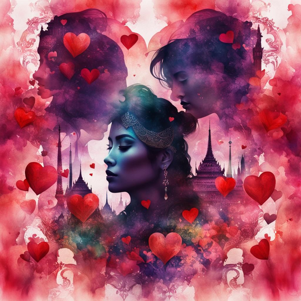 Thai Woman with Boyfriend: Valentine's Day Watercolor