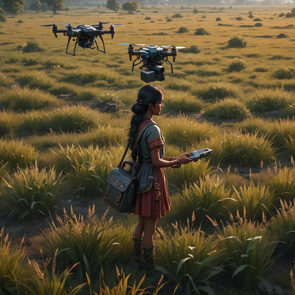 a indian girl looking at the small 
drone in the field