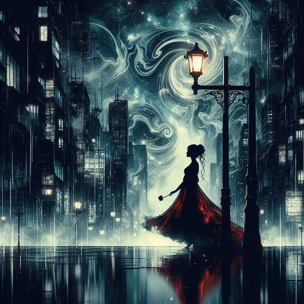 The Woman in red under a swirling sky