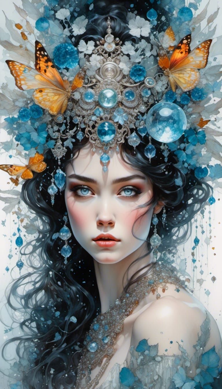<lora:Mystic Detail Faces:1.0> Beautiful Woman made of glass, wearing a wreath of crystals, portrait, Minjae Lee, Art By Nullify, Watercolo...