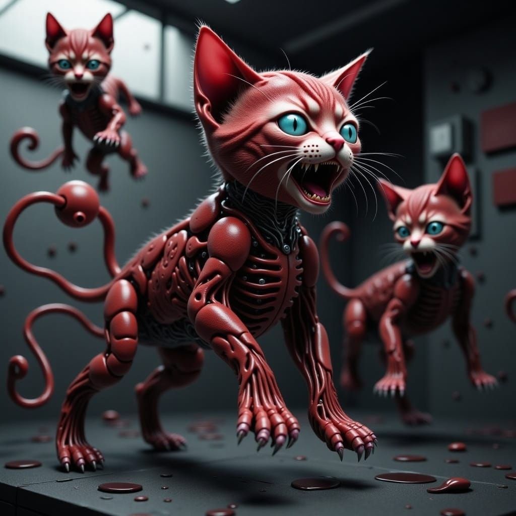 a photorealistic partially-formed kitten-cyborg made of screaming human faces with red fur and organs-revealed, junji ito style <lora:Kitten...