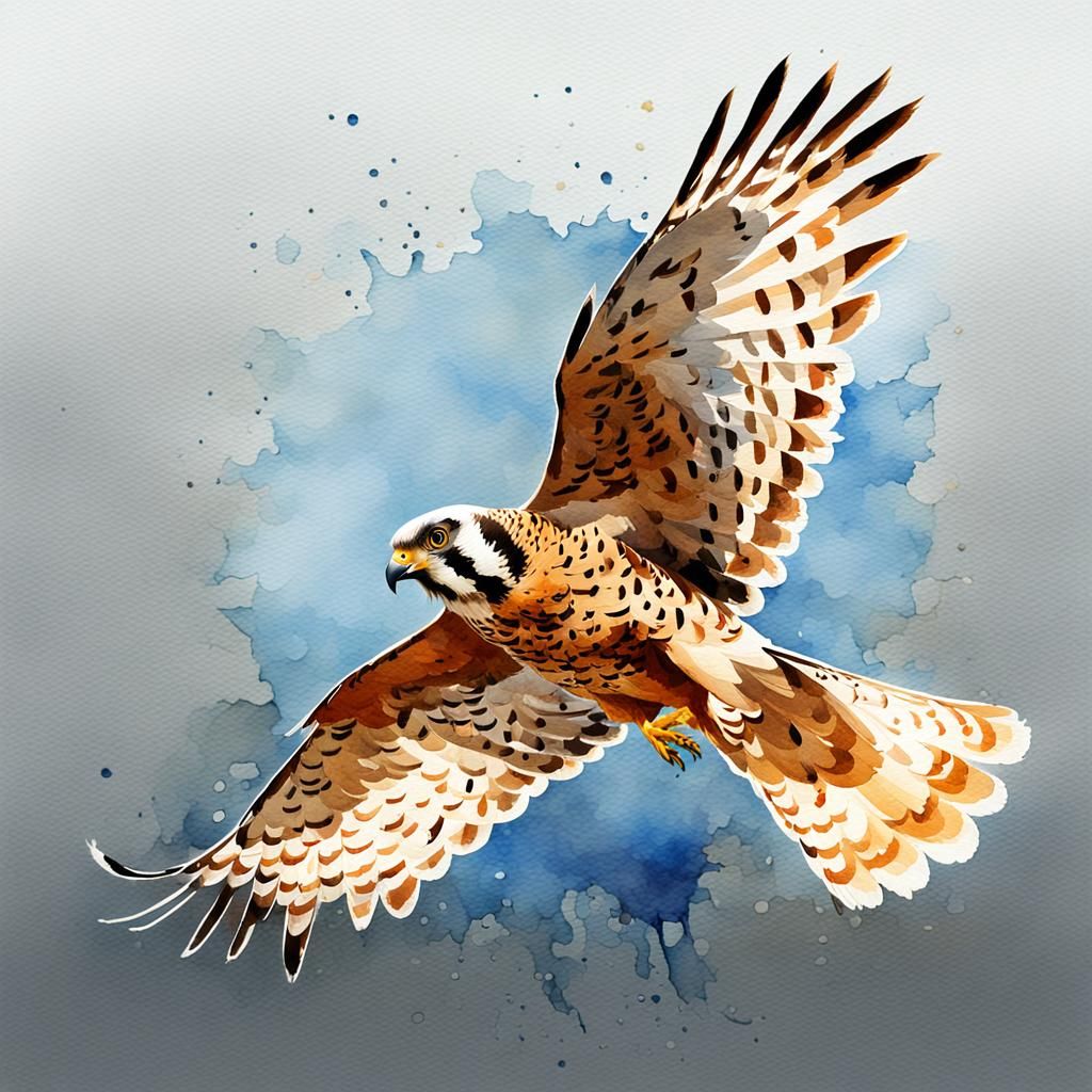 Digital watercolour of a kestrel bird hovering illustration,...