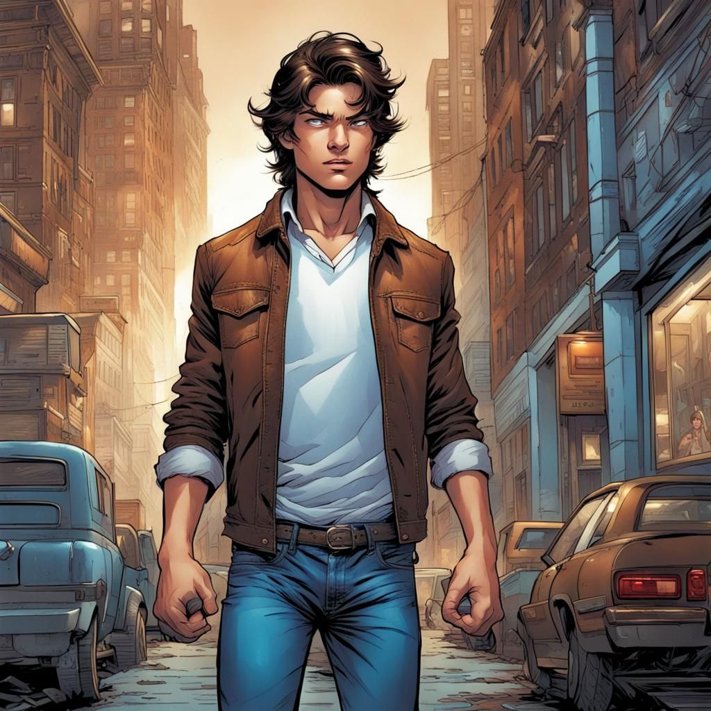 a  16 year boy dark brown hair a  white shirt brown jacket b...