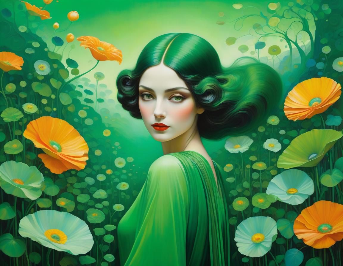 Elegant woman in a green landscape