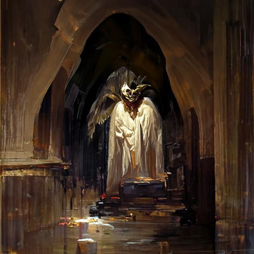Angel with arched wings praying at a dark altar