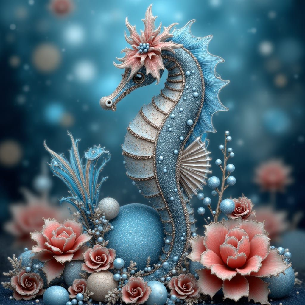 <lora:HOLIDAY MAGIC:1.0> a seahorse floating, coral, flowers, made from iridescent bubbles, playing under the moon, Vibrant, light teal, li...